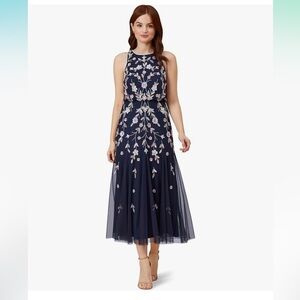 NWT Adrianna Papell Women's Beaded Blouson Navy & Blush Dress Size 14W